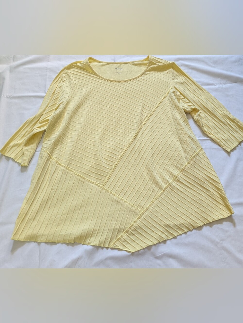Yellow Blocked Textured Rib-Knit Scoop Neck 3/4 Sleeve Top